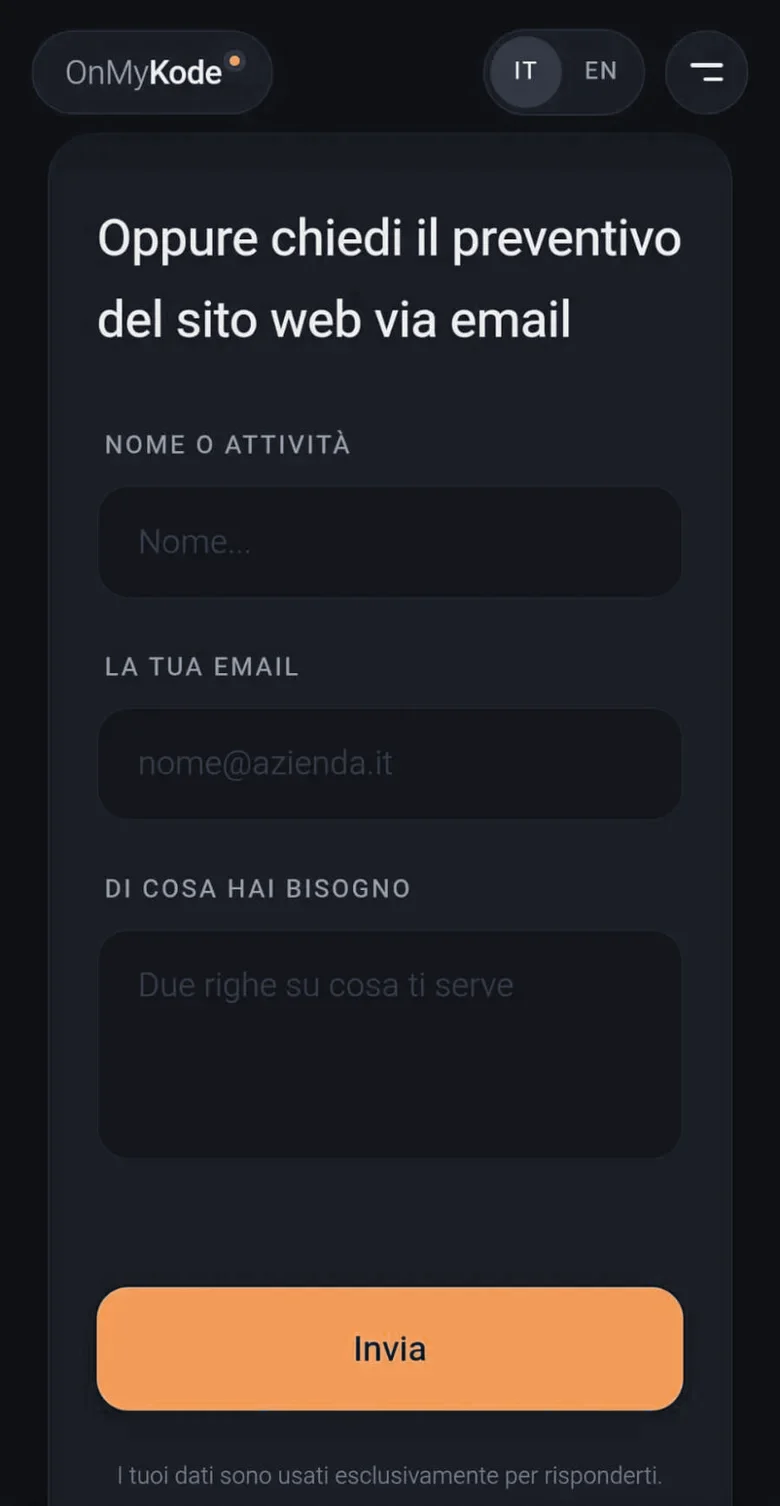 Il modulo per chiedere il preventivo del sito web su onmykode.com, visto dal telefono