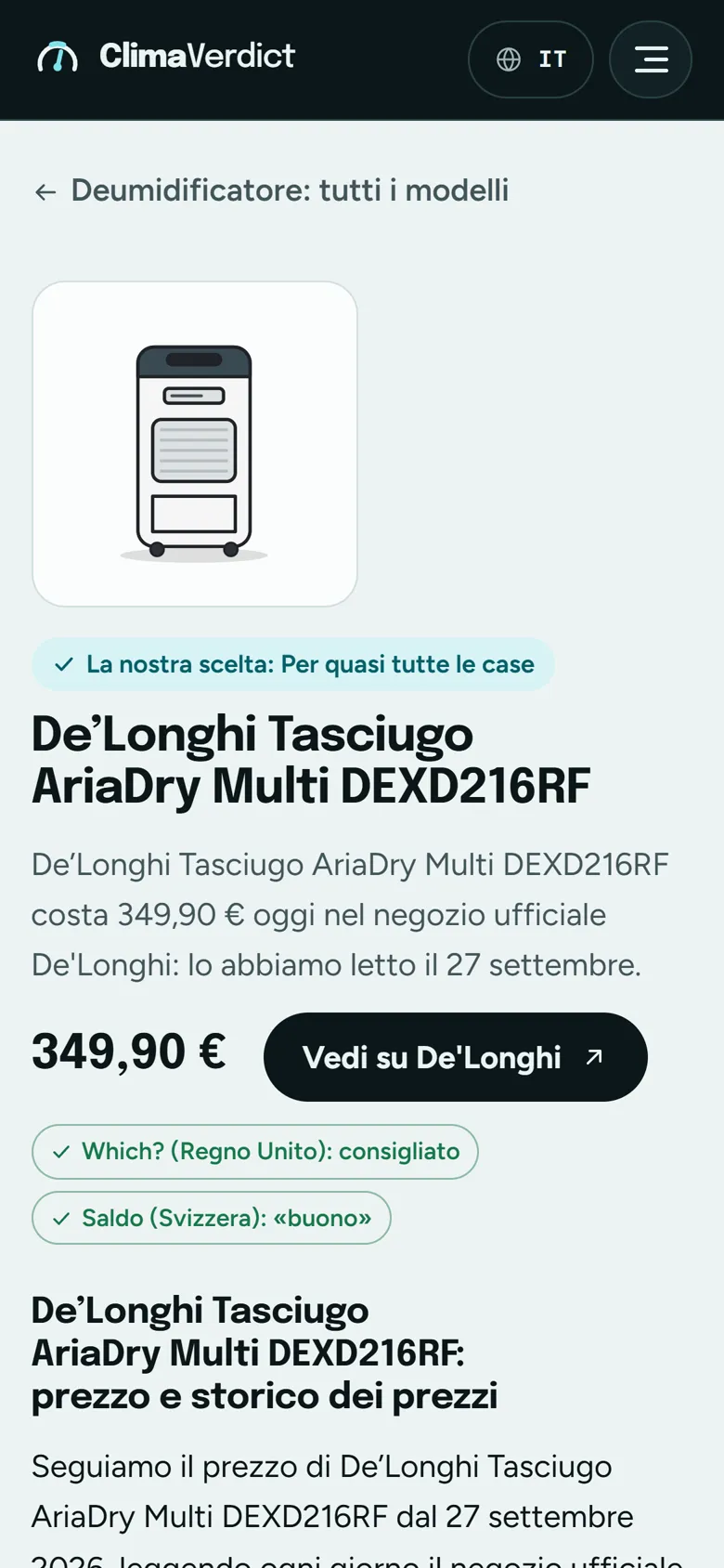 La scheda di un modello, con i giudizi di Which? e Saldo.