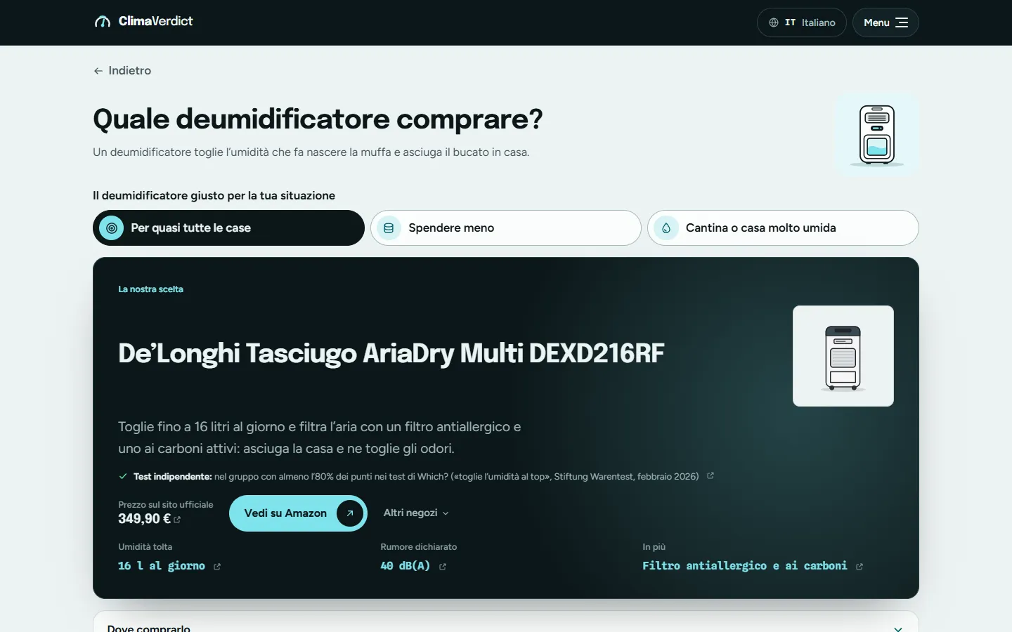 Il deumidificatore giusto per la tua situazione, con i test in evidenza.