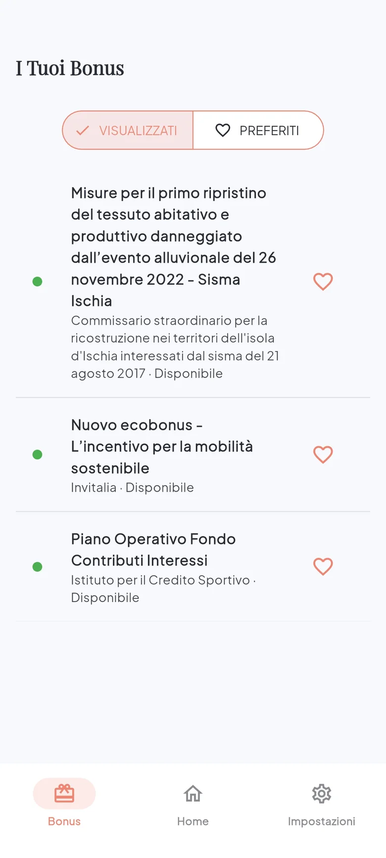 I bonus per te, la scheda di ciascuno e lo storico di quelli visti.