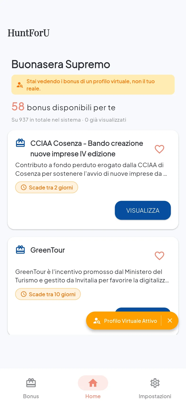 I bonus per te, la scheda di ciascuno e lo storico di quelli visti.