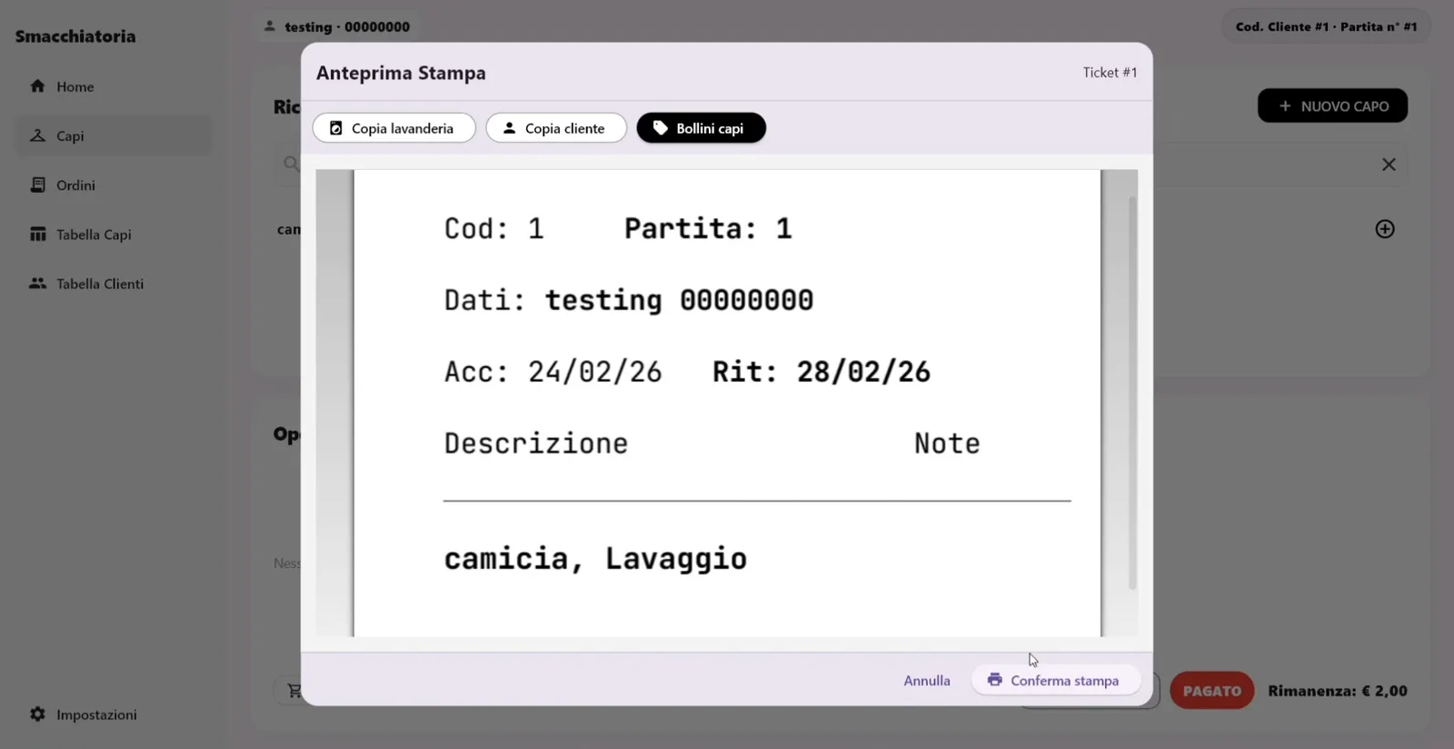 I bollini da attaccare ai capi, con codice e date.