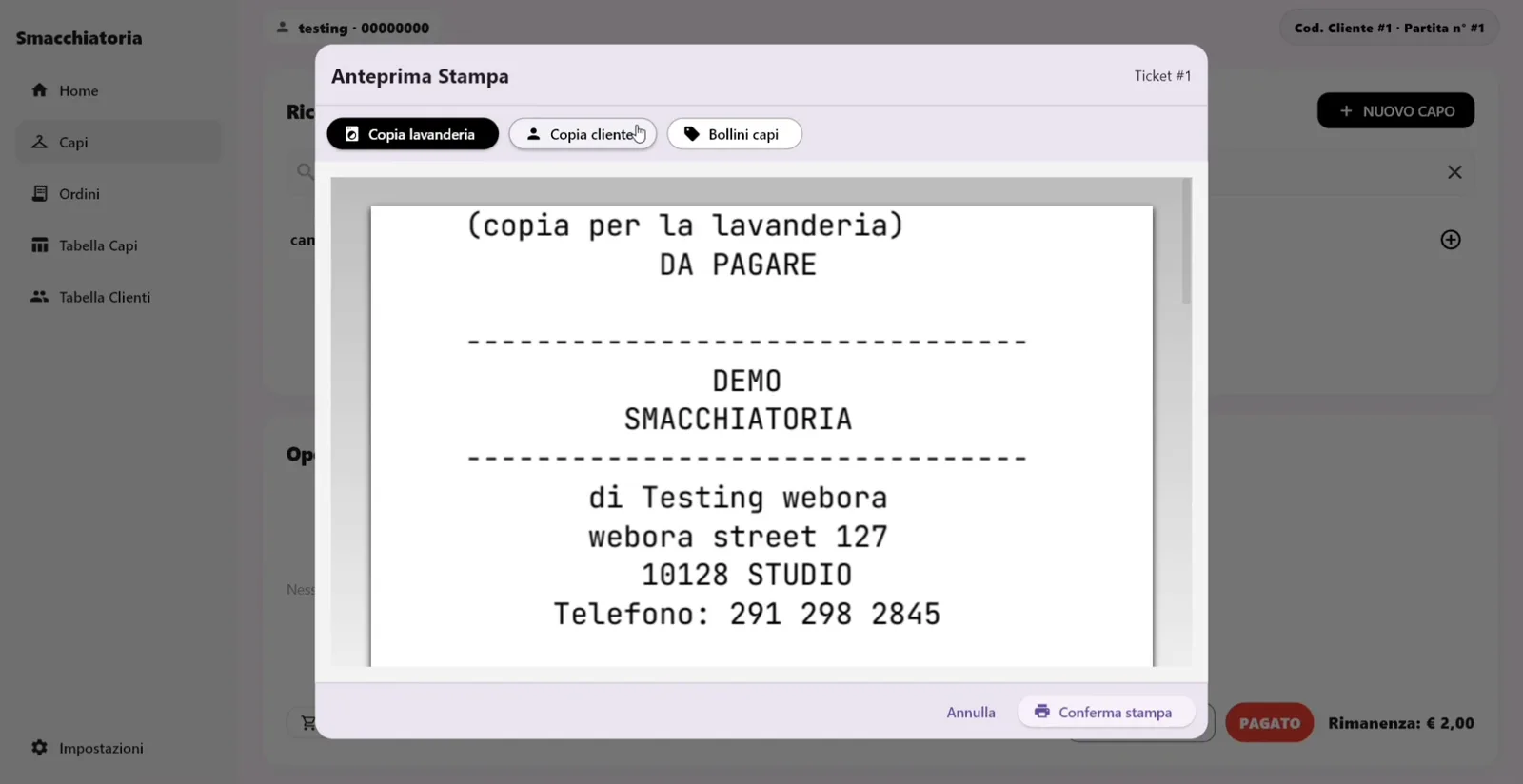L’anteprima di stampa: la copia per la lavanderia.